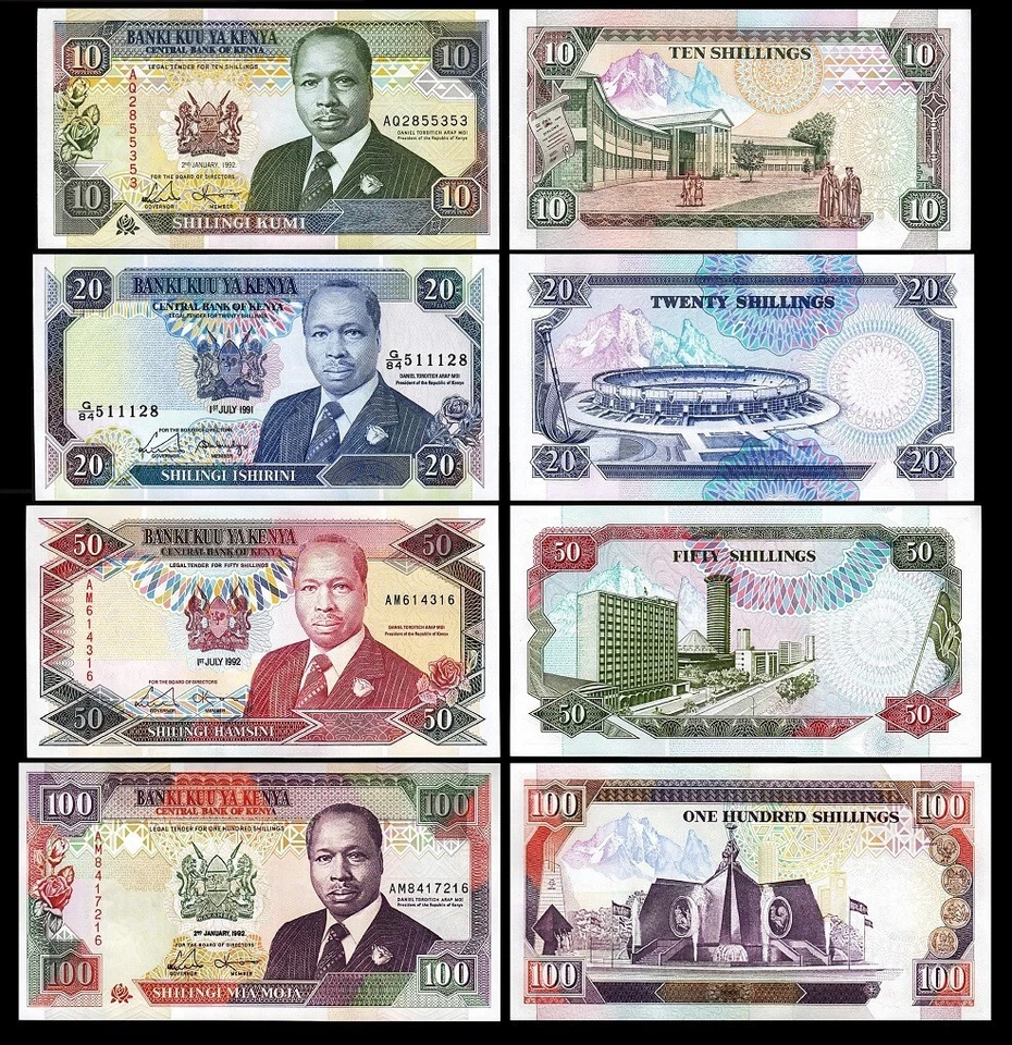 Kenya 4 Pcs SET, 10 20 50 100 Shillings 1991 1992 UNC, P-24 25 26 27 - Image 1 of 4