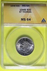 1948 - ANACS MS64 ST THOMAS 50 CENTAVOS!! #B37735 - Picture 1 of 2