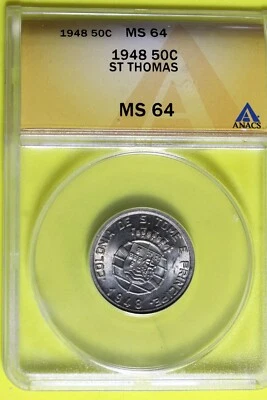 1948 - ANACS MS64 ST THOMAS 50 CENTAVOS!!  #B37735 - Image 1 of 2