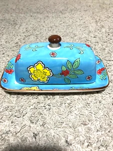 Royal Covered Butter Dish Blue & Red Yellow Flowers Detailing 8"L 4”W 3.5”H - Picture 1 of 7