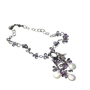Baroque Pearl Amethyst Cluster Necklace Sterling Silver Handmade Jewelry - Picture 1 of 9