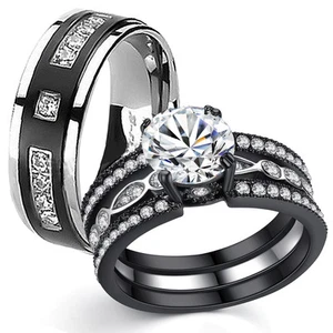 His Hers Stainless Steel Titanium Bridal Wedding Engagement Ring Band Set - Picture 1 of 8
