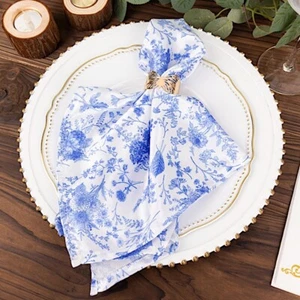 5 White 20x20 in Satin Dinner Table NAPKINS Blue Floral Design Party Decorations - Picture 1 of 9
