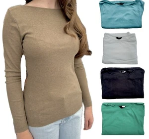Ladies Marks Ribbed Boat Neck Top Cotton Slash Neck Brown Black Long Sleeved NEW - Picture 1 of 11
