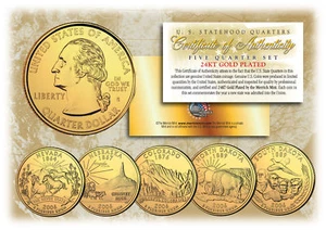 2006 US Statehood Quarters 24K GOLD PLATED ** 5-Coin Complete Set ** w/Capsules - Picture 1 of 1