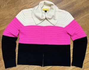 St John Yellow Label Wool Cardigan Sz Sm Pink Black Cream Colorblock Full Zip - Picture 1 of 10