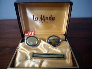 NEW OLD STOCK Rare LaMode Cufflinks & Tie Bar Clasp Set! Gold Grey enamel - Picture 1 of 3