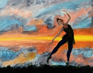 Oil Painting Dancer Sunset Lake Ballerina Dancing Landscape Seascape Art A. Joli - Picture 1 of 1