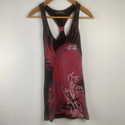 VTG Ed Hardy Graphic AOP Tank Dress Mini Medium Red Black Grunge Goth Cyber Y2K - image 1 of 4