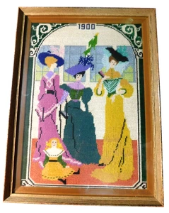 Vintage 80s Framed Needlepoint : 1900 Women Girls Fashion Border Glass - Picture 1 of 6