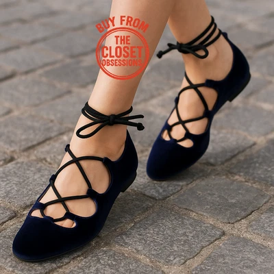 Pisos de ballet de terciopelo ZARA NUEVOS CON ETIQUETAS | Cierre de corbata azul envolvente al tobillo 7,5-9 Foto 1 de 4