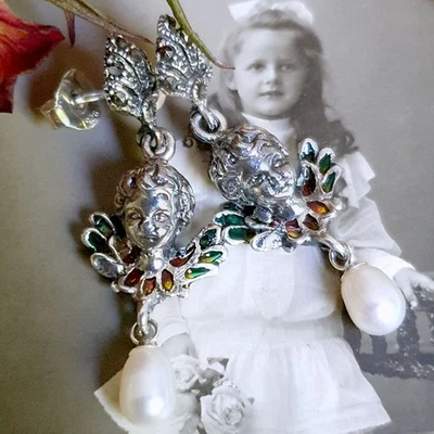 Silber Jugendstil Engel Ohrringe mit Emaille und Makasiten, Ohrstecker m. Perlen - Bild 1 von 2