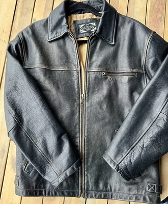 Chaqueta Guess Cuero Genuino Estilo Moto Hombre Pequeña Vintage Moto Marrón Negro Foto 1 de 4