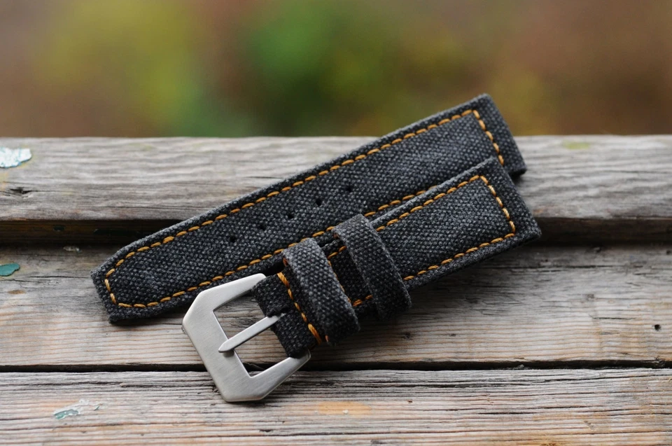 Correa de reloj de lona hecha a mano negra envejecida 26/22 mm *Listo para usar *US-DutyPaid Foto 1 de 4