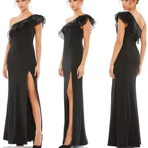 Mac Duggal NWOT High Slit Ruffle Trim One Shoulder Gown Black Size 10 Asymmetric - Picture 1 of 7