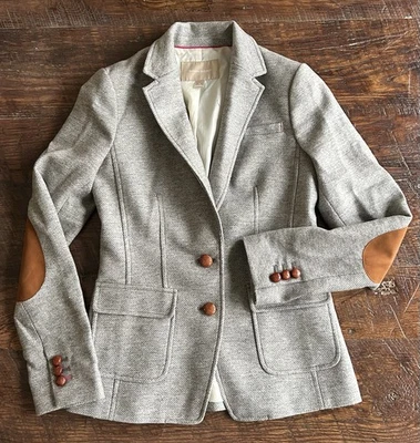 Banana Republic хакерская куртка женщин размер 2 шерстяная смесь серый блейзер локоть нашивка - Изображение 1 из 4