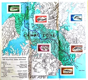 Folleto de portada del primer día del 50 aniversario del canal de Panamá 1964 + 6 estampillas de aniversario. - Imagen 1 de 10