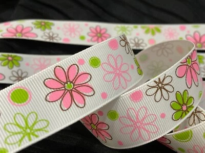 1" pink green brown Flower grosgrain RIBBON 1 yard party wedding bday decoration - Image 1 of 4