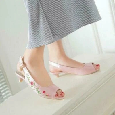 Embroidery Women's Peep Toe Sandals Slingbacks Shoes Low Kitten Heels Fashion Sz - Image 1 of 4