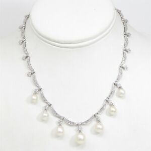 NYJEWEL 14k White Gold 2ct Diamond Pearl Briolette Necklace 15"