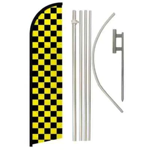 Yellow & Black Windless Full Curve Advertising Checkered Banner Flag & Pole Kit - Picture 1 of 9