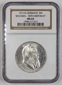 1911 D Germany 3 Mark Bavaria 90th Birthday NGC MS 64 - Picture 1 of 3