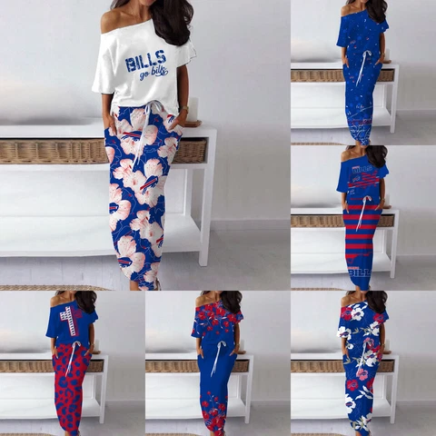 Buffalo Bills Women's 2PCS Off Shoulder Short Sleeve Top Summer Long Skirt Gift Cover