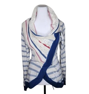 Desigual Asymmetrical Cardigan Sweater Artsy Boho Womens M Blue White Stripes - Picture 1 of 12