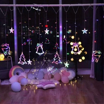 138 LED Star Deer Bell Curtain Fairy String Lights Hanging Christmas Party Decor - Image 1 of 4
