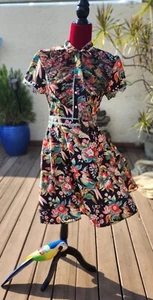 Dalia MacPhee Dress Floral Bird Print Short Sleeve Tie-Neck Lace-Trim Size Mediu - Picture 1 of 3