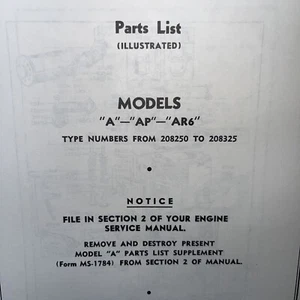 Vintage Briggs Stratton Illustrated Parts List Models A - Ar6 208250-208325 - Picture 1 of 2
