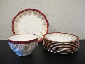 (11) Pc. Aynsley Maroon Red & Gold Cake Plate, Salad Plates & Bowl Set - Picture 1 of 8