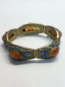 Antico Bracciale Filigrana Smalto Fiori Argento Corniola Asiatica Esportazione Cinese - Foto 1 di 11