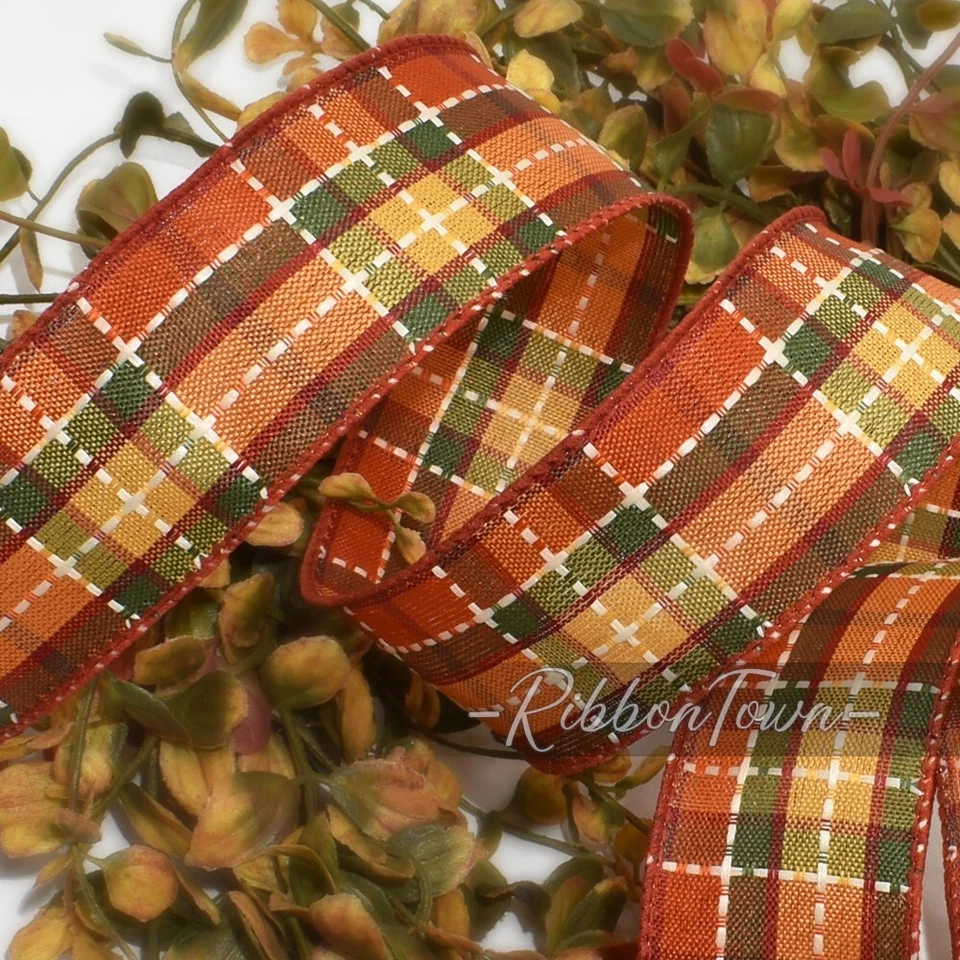 Cinta con cable a cuadros de otoño (5 yardas x 1,5" W) otoño naranja verde blanco cosido Foto 1 de 1