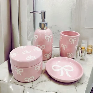 Bow Bathroom Set, 4 Pcs Ceramic Bathroom Accessory Sets - Soap Dispenser, Tum... - Bild 1 von 8