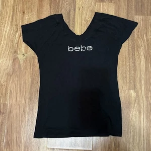 Bebe Y2K 90s Swarovski Crystal Logo Open Shoulder Knit Goth Grunge Top - Bild 1 von 8