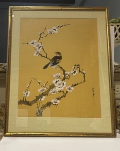 Vintage Chinese Watercolor Silk Painting Bird On Cherry Blossom Branch Framed - Picture 1 of 23