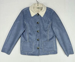 LL Bean Coat Women’s Small Blue Faux Suede Sherpa Shearling Jacket Vintage - Picture 1 of 15