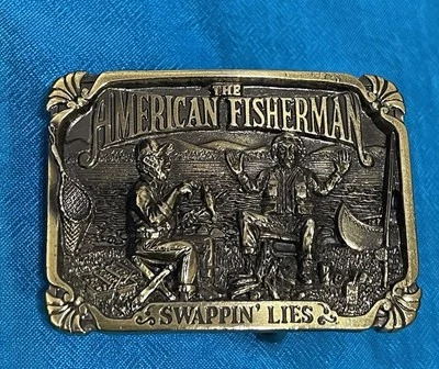 1986 American Belt Buckle two fishermen sharing stories by a campfire - Image 1 of 4