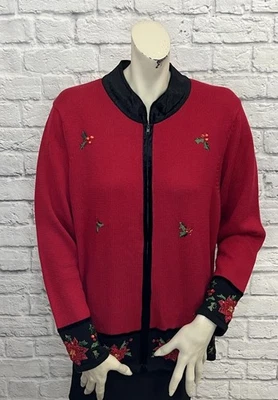 QUACKER FACTORY WOMEN'S RED EMBROIDERED POINSETTIA FLORAL  PRINT SWEATER SIZE L - Image 1 of 4