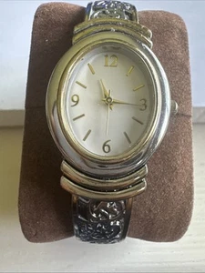 Accutime Watch Women Silver Tone Hinged Cuff Bling Floral Matte New Battery - Picture 1 of 10