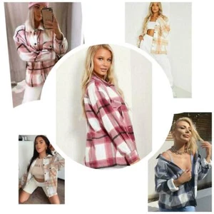 Ladies Women's Fleece Oversize Baggy Check Print Jacket Shaket Top Shirt Coat UK - Picture 1 of 10