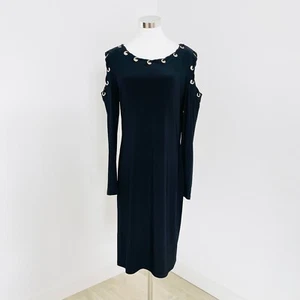 Joseph Ribkoff Dress Womens Size 14 Black Cut-Out Cold Shoulder Grommet Detail - Picture 1 of 9