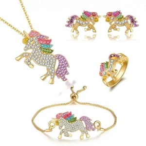 Kinder Schmuckset 18K Gold Pl Halskette+Ohrringe+Ring+Armband Einhorn Set Strass - Bild 1 von 8