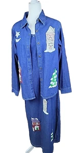 Vintage MPH 90s Two Piece Denim Dress with Jean Top Blue Embroidered Felt Sz M - Picture 1 of 17