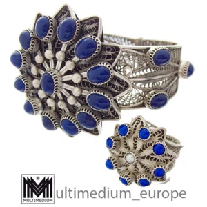 Silber Set um 1946 Armreif Ring Ägypten Armband Lapislazuli filigran Handarbeit - Bild 1 von 14