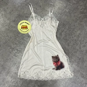 Vintage one of a kind White lace slip dress with a grey kitten pink bow - Picture 1 of 4