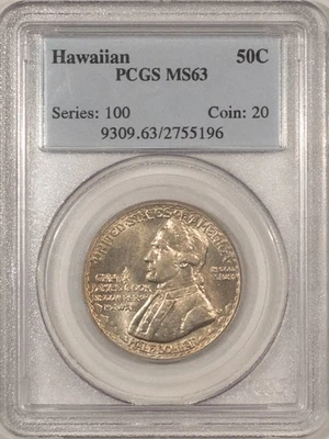 1928 HAWAIIAN COMMEMORATIVE HALF DOLLAR - PCGS MS-63, WHITE, FLASHY & NICE! - Image 1 of 3