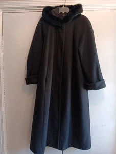 Vintage Donnybrook schwarzer Wollmantel Trench Kapuze Fellbesatz Russland Prinzessin Gr. 18 Tasche - Bild 1 von 20