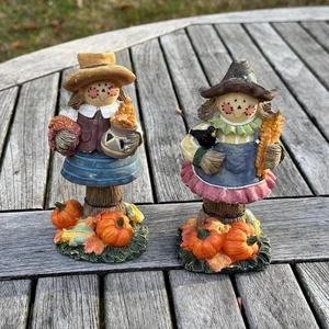Set of 2 Scarecrow Figurines Fall Harvest Autumn Pumpkin Decoration Thanksgiving - Picture 1 of 8